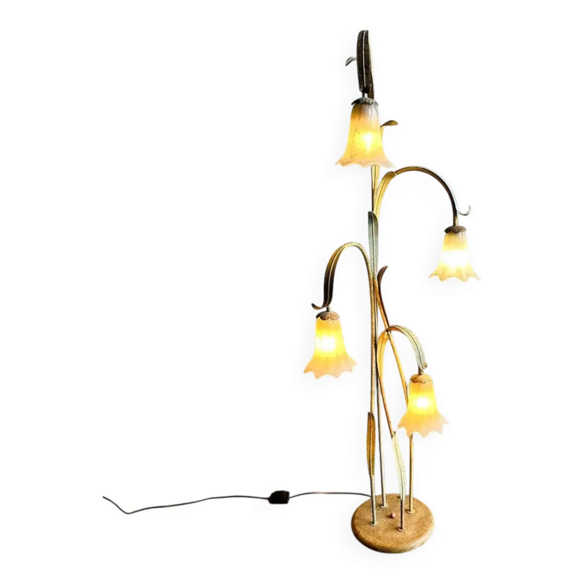 Lampadaire floral élégant en tôle d'acier avec pendentifs en verre, milieu du siècle, France 1980