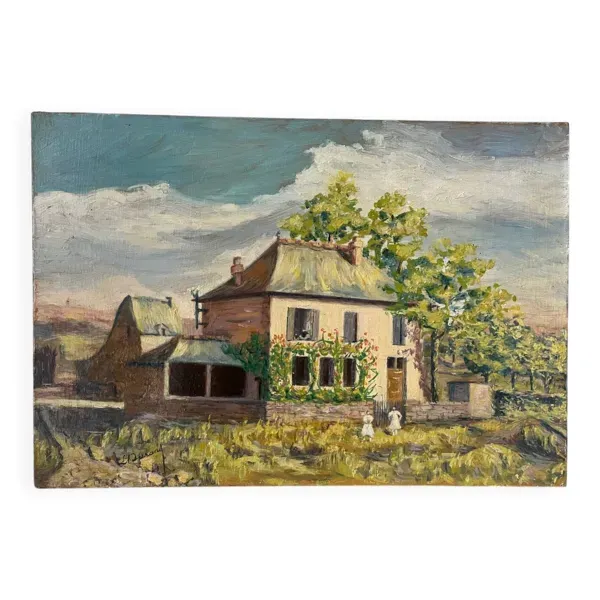 “Lioujas Ecole”, Aveyron, huile sur toile signé L Durand 1957