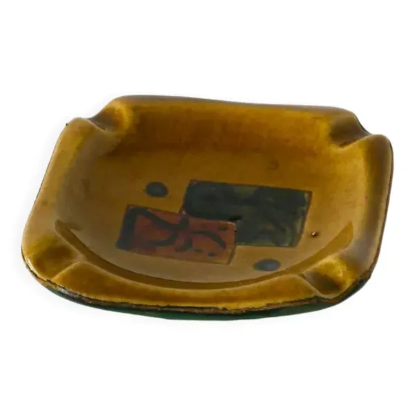 Cendrier en céramique et cuir vert, motifs abstraits, noir et marron, design, 1960