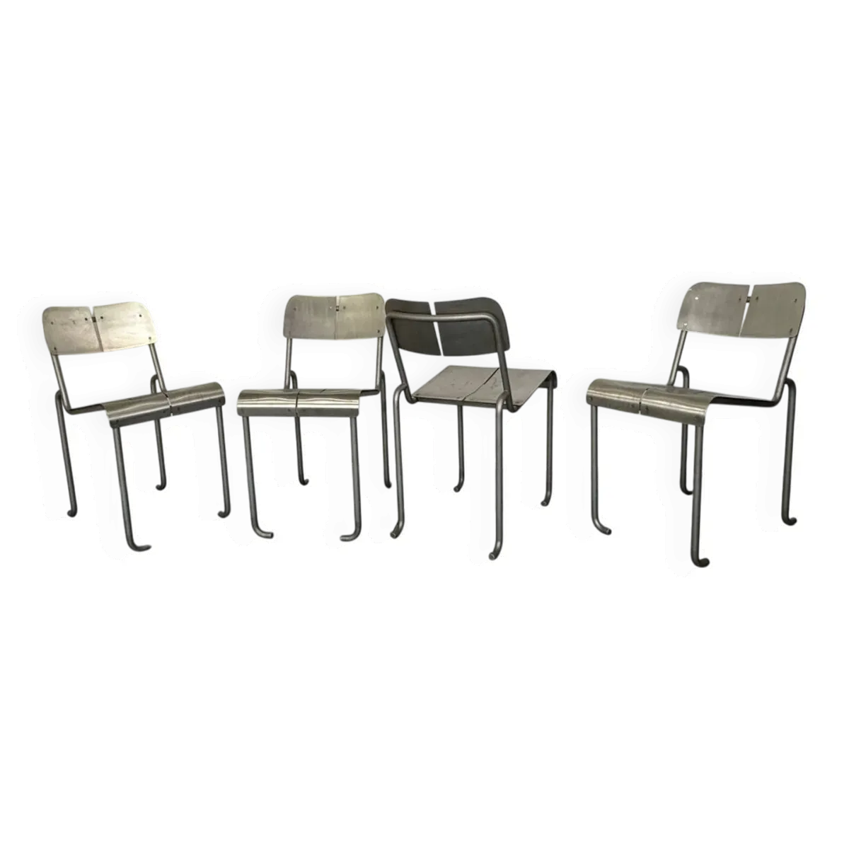 Chaises de salle à manger françaises Memphis Architectural en acier inoxydable, lot de 4, années 1980
