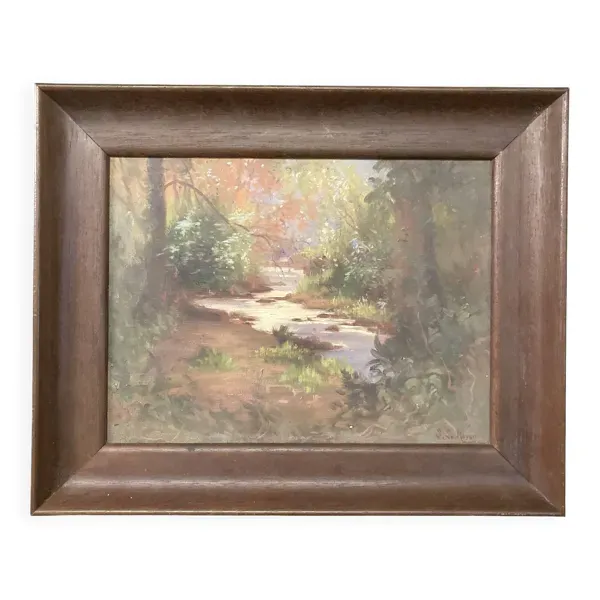 Paysage au ruisseau, huile sur toile signée