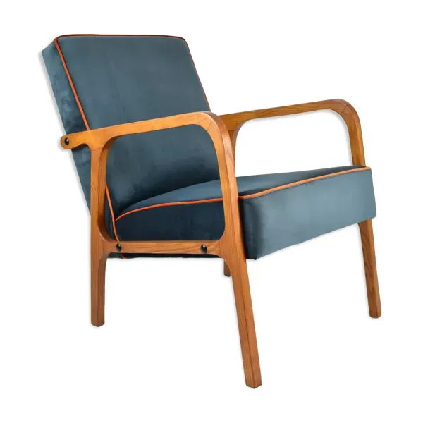 Fauteuil vintage original velours bleu océan années 1960