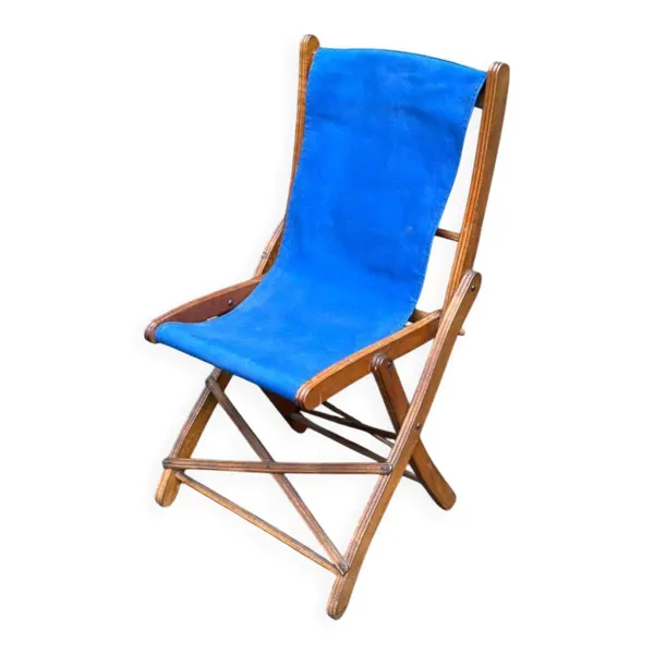 Chaise pliante en en bois massif et tissu bleu