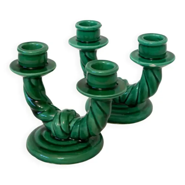 Paire de bougeoirs doubles en céramique torsadés, verts, 1960
