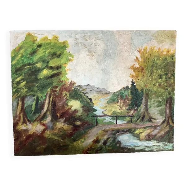 Tableau paysage avec un petit pont huile sur toile