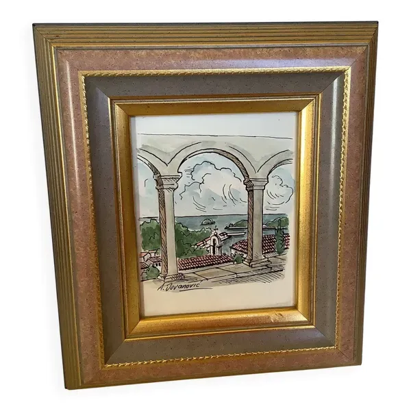 Tableau aquarelle signée vue sur mer Marine