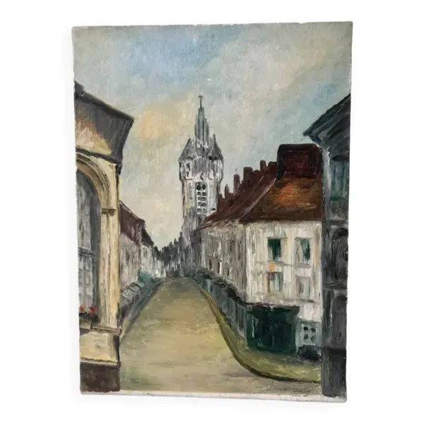 Tableau huile sur toile rue église XXème