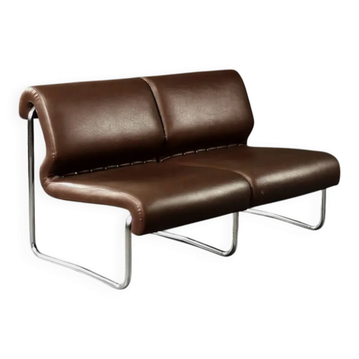 Mid-century modern German vintage canapé lounge, 2-seater, brown steel frame.
