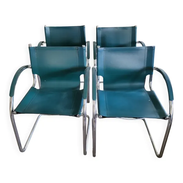 4 fauteuils italiens vintage en cuir vert et métal chromé