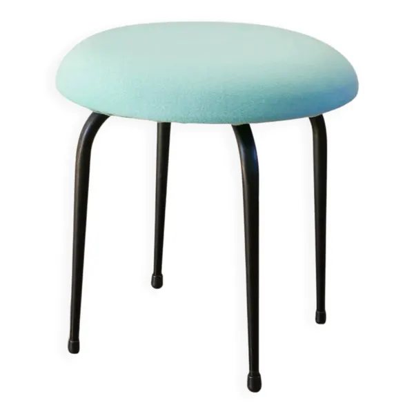 Tabouret en fer noir et laine bouillie, bleu turquoise, 1960