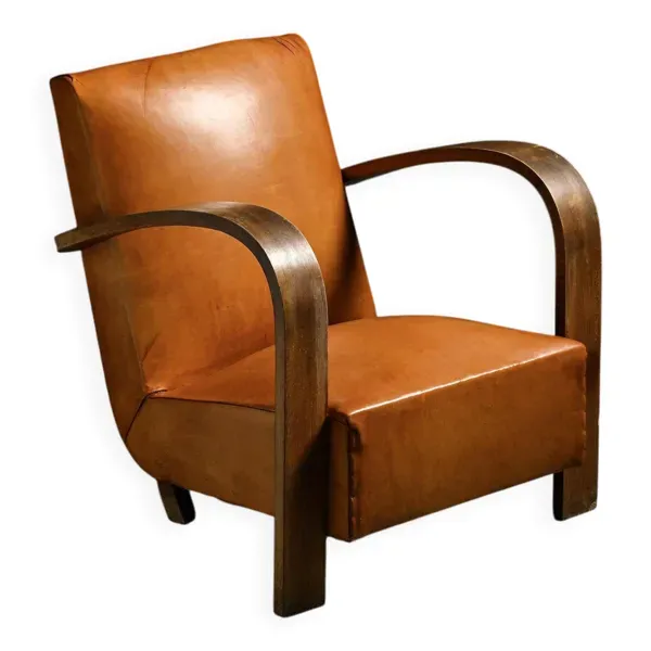 Fauteuil club Art Deco en cuir havane, vers 1940