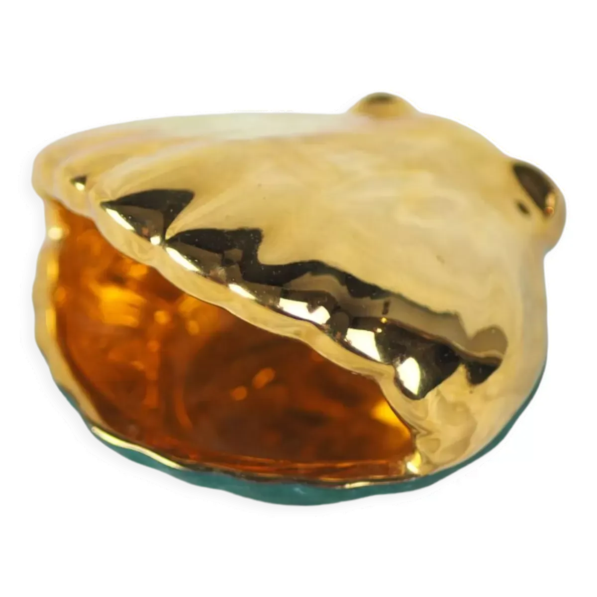 Vide-poche porcelaine en forme de coquille Saint-Jacques dorée à fond vert canard des années 50/60