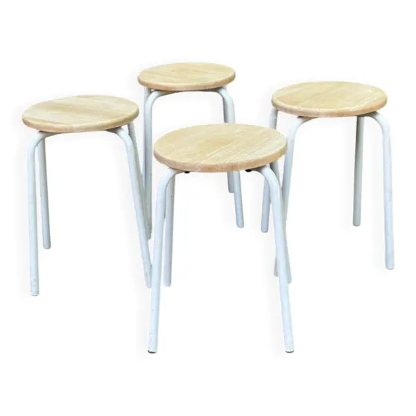 4 tabourets en bois massif rénové et acier blanc
