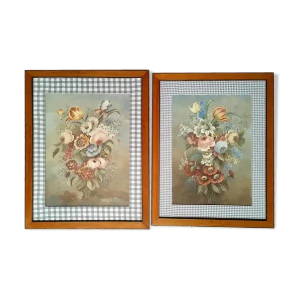 Paire de gouaches Bouquets de fleurs XIXe