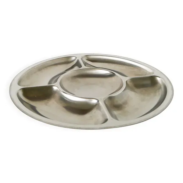 Grand plat à compartiments rond en acier chromé, Couzon, Design, 1970 - 35