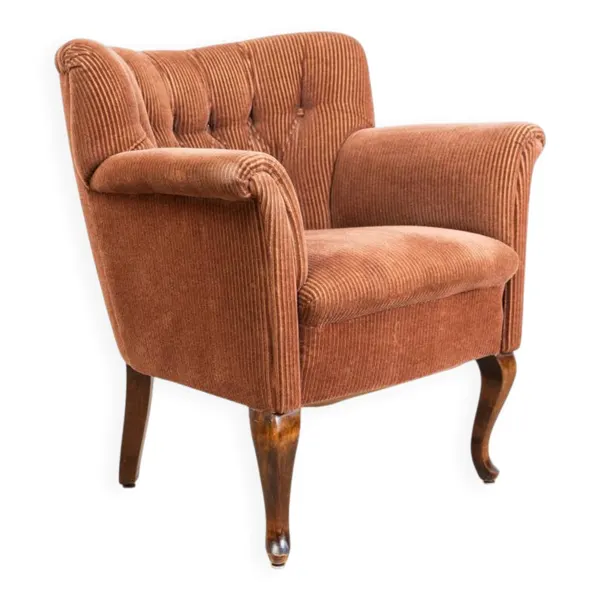 Fauteuil club  des années 40 avec revêtement en velours côtelé