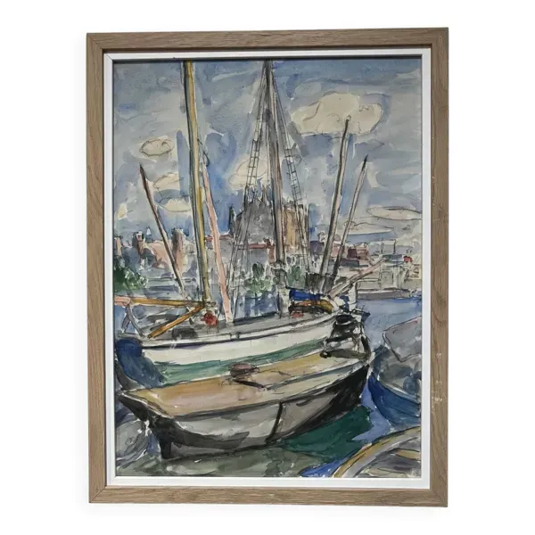 Ecole Française Du XX° Siècle, Voiliers Dans Le Port De La Palma, Aquarelle