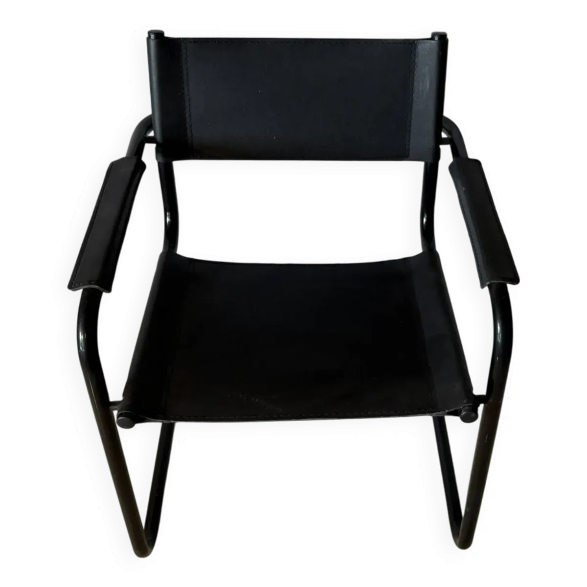 Ensemble de 12 chaises vintage en cuir noir et acier tubulaire – Italie, an