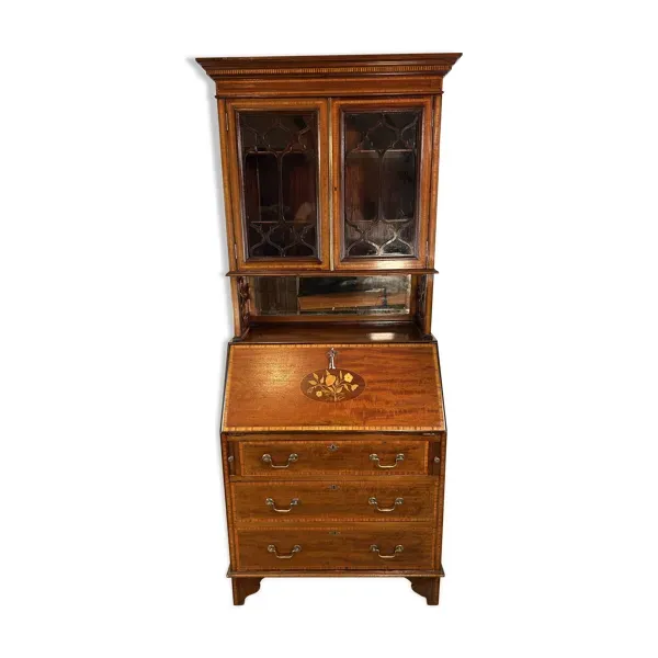 Bibliothèque de bureau édouardienne antique avec détails floraux incrustés – Début du XXe siècle