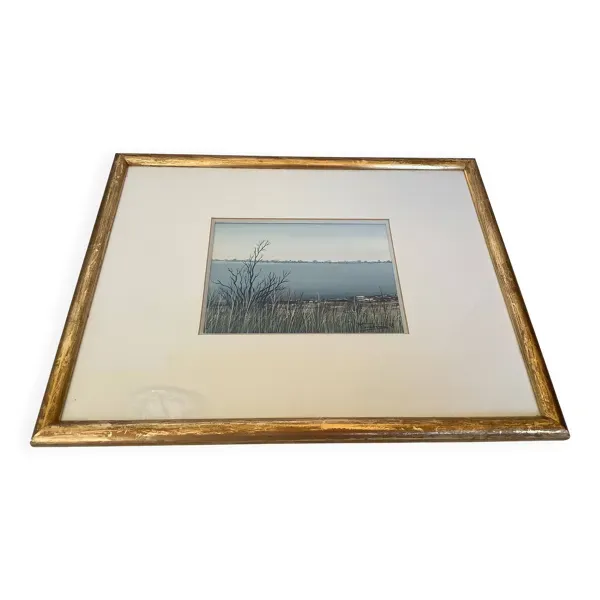 Tableau encadré la Camargue signé Michel Tombereau