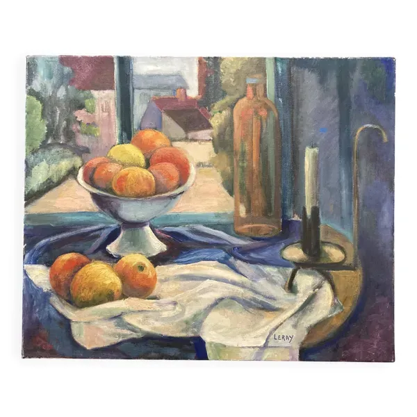 Leray, ''Devant la fenêtre'', nature morte fauve, huile sur toile