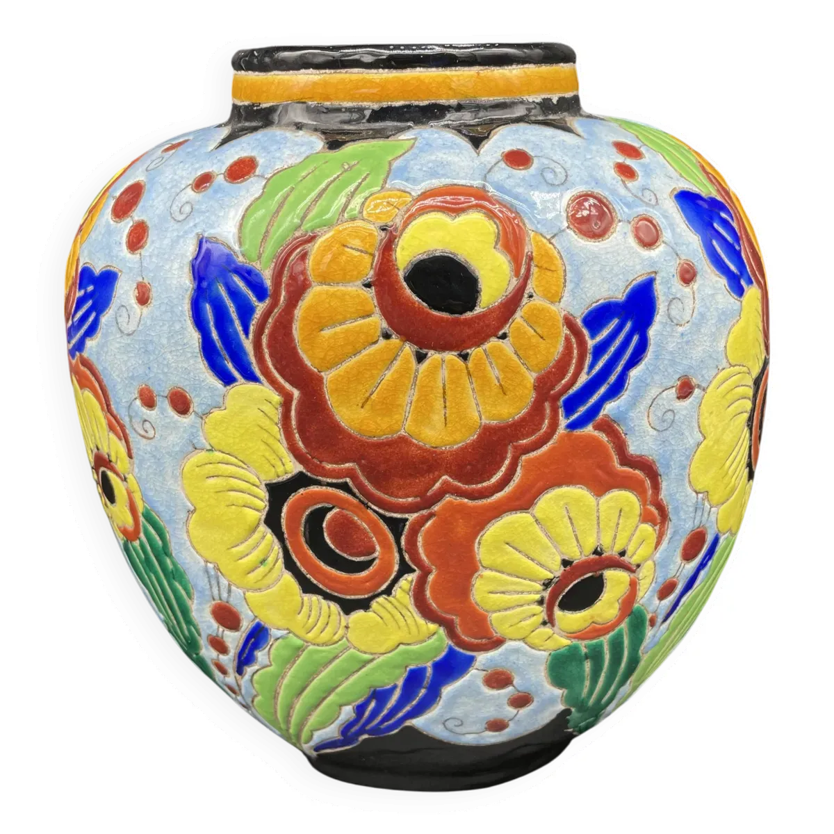 Vase ovoïde, charles catteau, keramis, époque art deco, faïence fine, décor émaillé floral, vase col