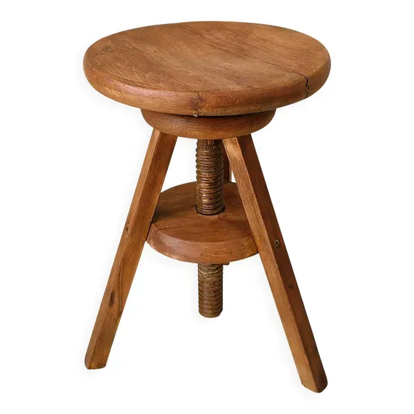 Tabouret d'atelier réglable ancien en bois massif