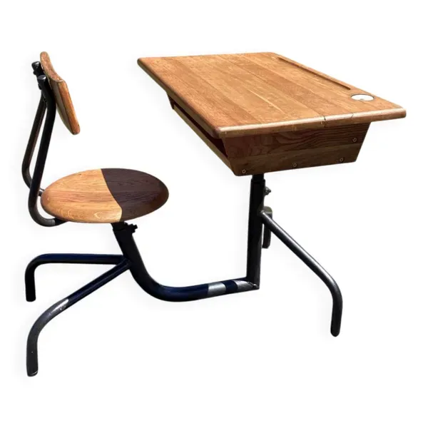 Bureau d’écolier - pupitre métal tubulaire et bois DLG Prouvé