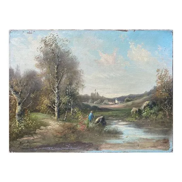 Tableau ''Baysage animé au pêcheur'' HST signée Martinet XIX°