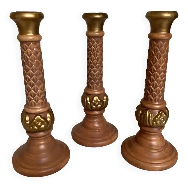 Trio de grands bougeoirs marron et doré