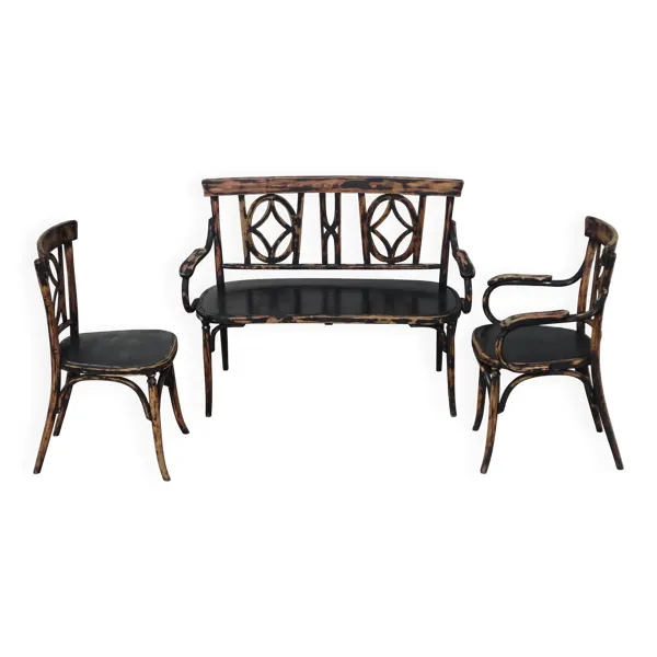 Salon Baumann en bois courbé et rotin, chaise bistrot, fauteuil et banc