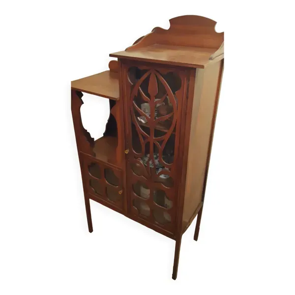 Petit meuble vitrine Art Nouveau 1900 – Noyer et verre ambré