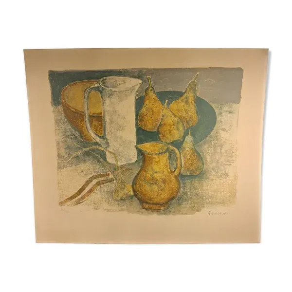 Lithographie en couleur d’André Minaux (1923-1986), nature morte, fruits