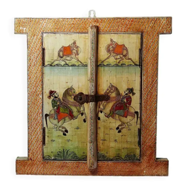 Miroir fenêtre Rajasthan en os peint main décor cavalier ancien début XXe