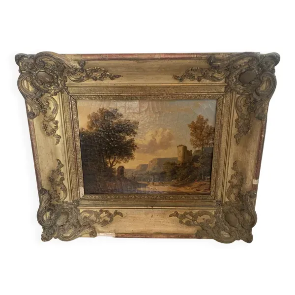 Huile sur toile ''Paysage animé '' cadre en bois et stuc doré XIX siècle
