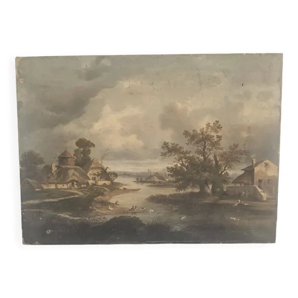 Tableau Huile sur Toile Paysage de campagne école XIX - Signé C. Rougeot 18