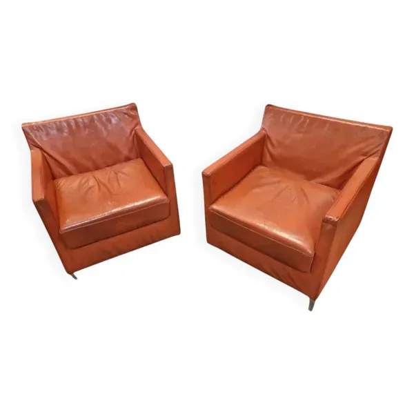 Paire de fauteuil club en cuir orange 1980