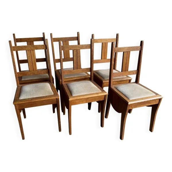 Ensemble de 6 chaises de salle à manger Art déco de l'école d'Amsterdam, en chêne chaleureux avec revêtement beige.