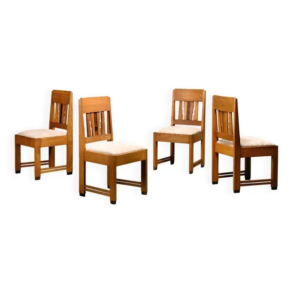 Chaises de salle à manger Art Déco néerlandaises de l'École d'Amsterdam en chêne et tissu clair.