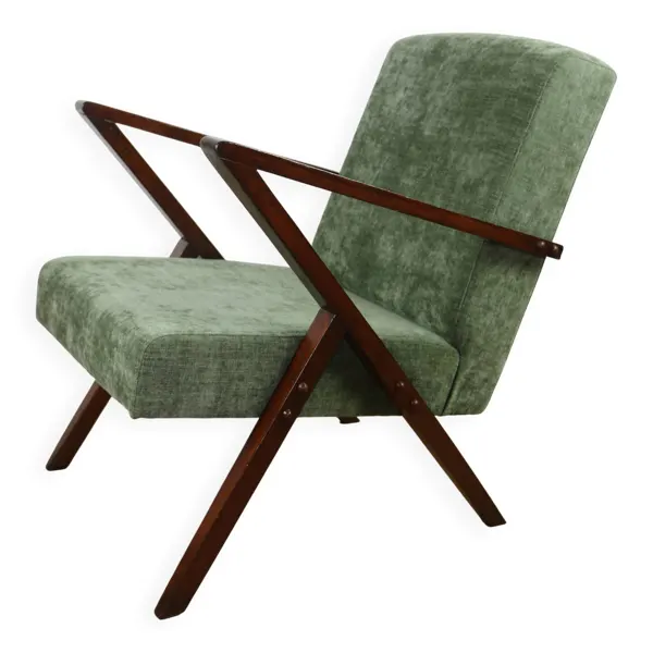 Fauteuil vintage en velours olive, rénové