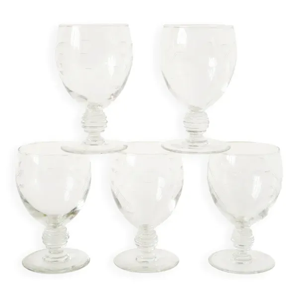 lot de 5 grands verres à vin pieds travaillé, en cristal gravé, Art Nouveau