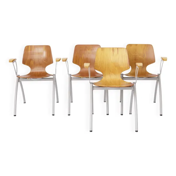 Ensemble de 4 chaises empilables vintage Pagholz, chaises de salle à manger industrielles, allemandes.