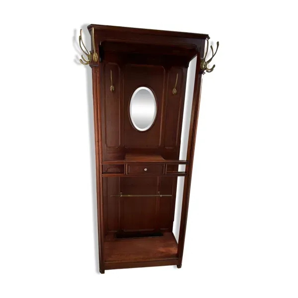 Vestiaire / porte manteaux ancien en bois massif avec miroir, tablette