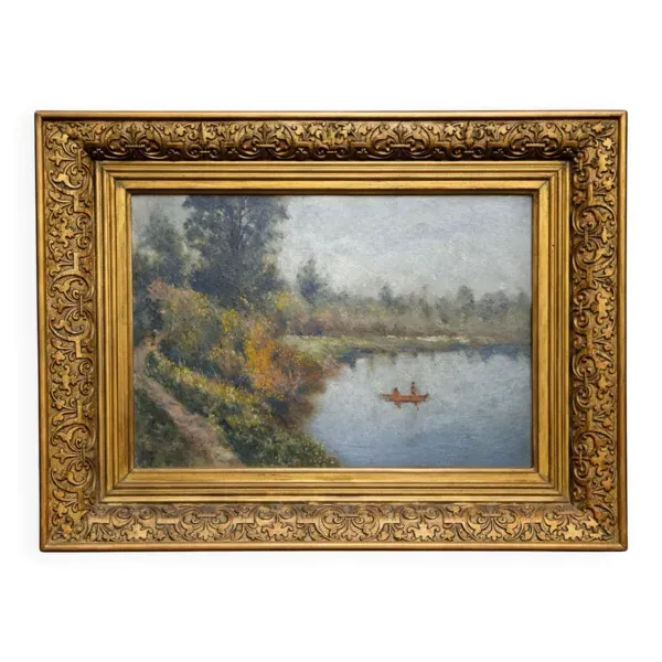 Huile sur panneau ancienne – paysage au bord de l’eau – cadre ancien doré