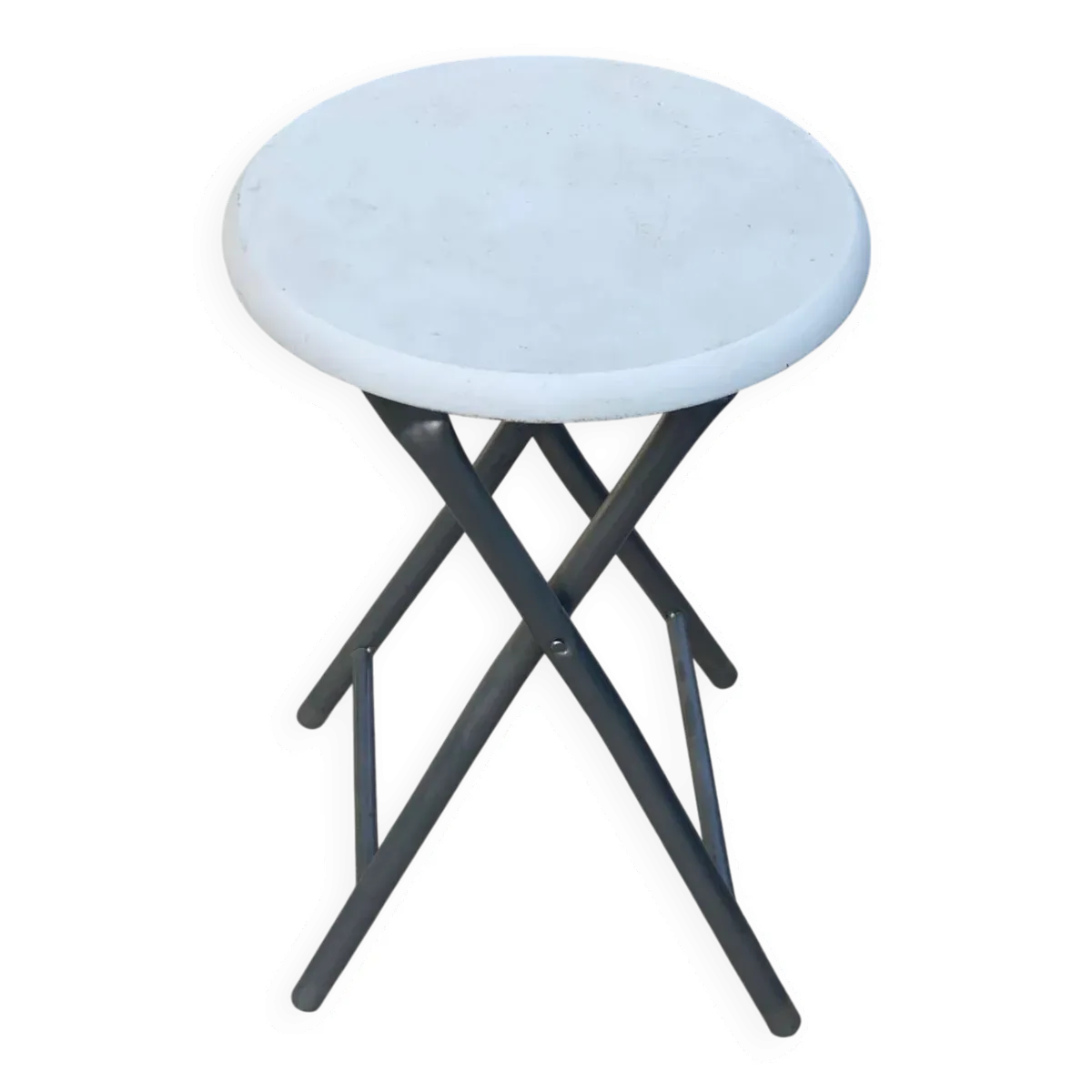 Tabouret industriel pliable en acier gris et bois blanc