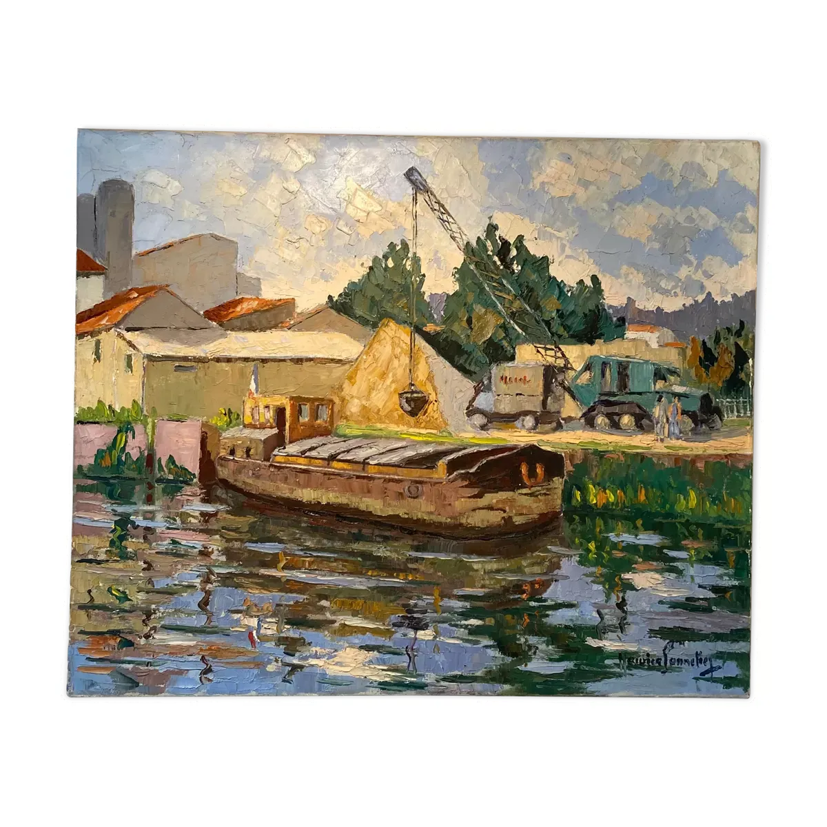 Tableau ancien, péniche à quai, signé Maurice Pannetier, années 70/80