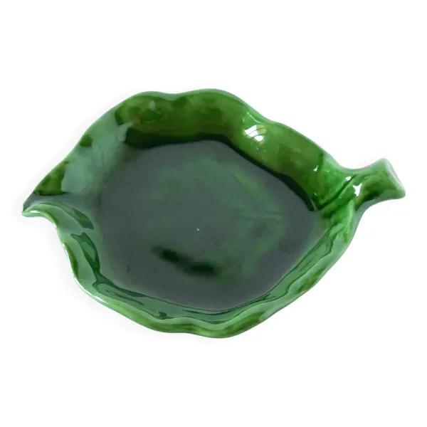 vide-poche feuille en barbotine, Vert, 1970 - 14 X 14 cm