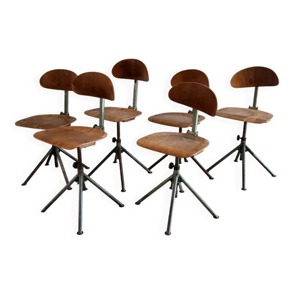 Set of 6 Antique Industrial Wood and Metal Workshop Chairs