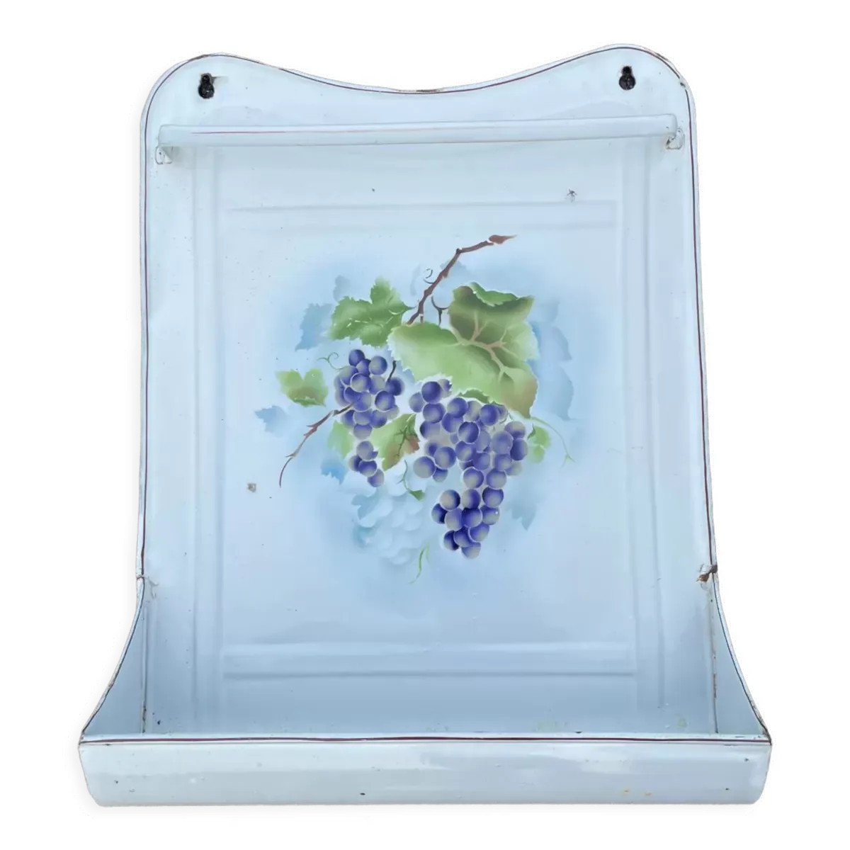 Ancien porte ustensiles en tôle émaillée décor raisin