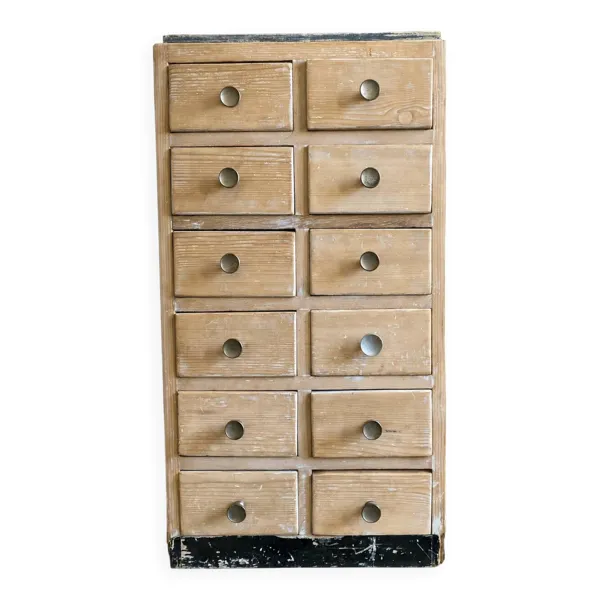 Meuble de métier atelier à 12 tiroirs en bois brut vintage ancien